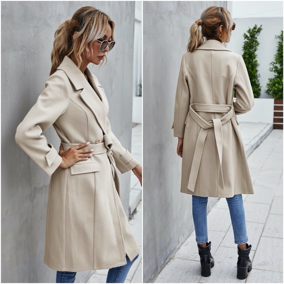 Trench Coat Double Breast Buttons belt pea coat - Picture 10 of 16